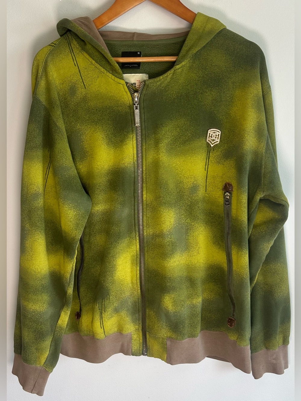 Vintage DC Shoes Full Zip Hoodie Size L Green Yellow Paint Splash Tie Dye Y2K